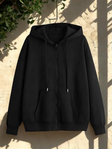 Image of Women's Fleece Fabric Zipper Hooded Jacket Loose Fit /Oversized, Drawstring | Plus Size Also Available
