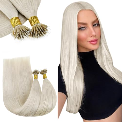 RUNATURE 20 Inch Nano Hair Extensions Real Human Hair White Blonde Nano Beads Hair Extensions Human Hair Blonde Straight Invisible Nano Rings Hair 50g 50s #800
