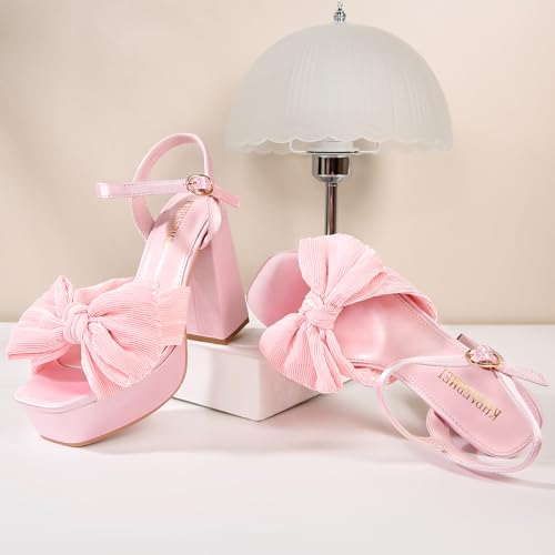 KHPAERMEI Bow Knot Platform Heels for Women Fashion Open Toe Chunky Heeled Sandals Ankle Strap Wedding Party Dress High Heels3