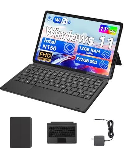 11 inch Intel N150 2-in-1 Laptops, Windows 11 Touchscreen PC by BNCF, 12GB RAM 512GB SSD,1920x1080 IPS FHD Portable Tablet USB-C/HDMI WiFi 6, 34.2Wh Battery with Pogo pin Keyboard and Kickstand