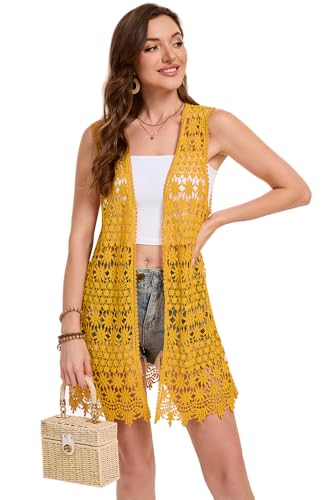 Image of GLEAMISS Women's Crochet Floral Vest Lace Trim Boho Sleeveless Cardigan