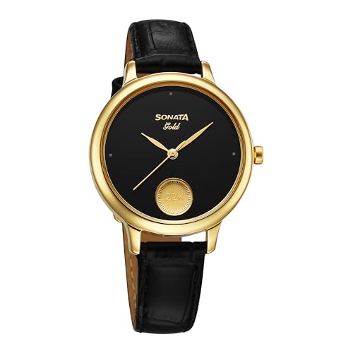 Image of Sonata Gold Quartz Analog Black Dial Leather Strap Watch for Women