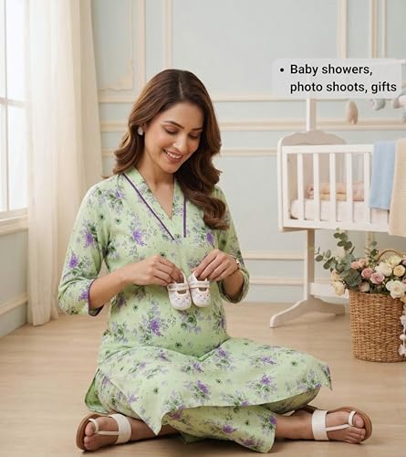 Image of DUMMY SHAPE Maternity Dresses for Women Cotton | Floral Kurta Pant Dupatta Set with Nursing Zippers, Side Pocket | Pre & Post Pregnancy | Feeding Kurti Suit | Baby Shower | Gifts for Pregnant Woman
