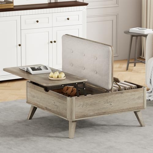 VOPEAK Lift Top Coffee Table with Storage, Large Square Coffee Table with Thickened Cushion, Family Gathering Center Table, Modern Wooden Coffee Tables for Living Room, Solid Wood Legs, Gray