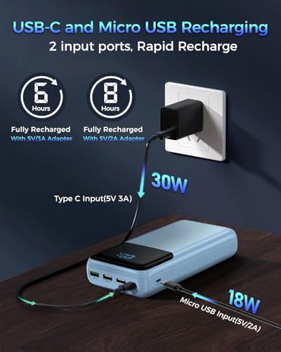 Image of Portable Charger 50000mAh Power Bank, USB-C PD 30W Fast Charging, High Capacity External Battery Pack for Camping, Portable Phone Charger for iPhone 17 /16 /15 /14 /13 /12 /11 Samsung Android (Sky Blue)