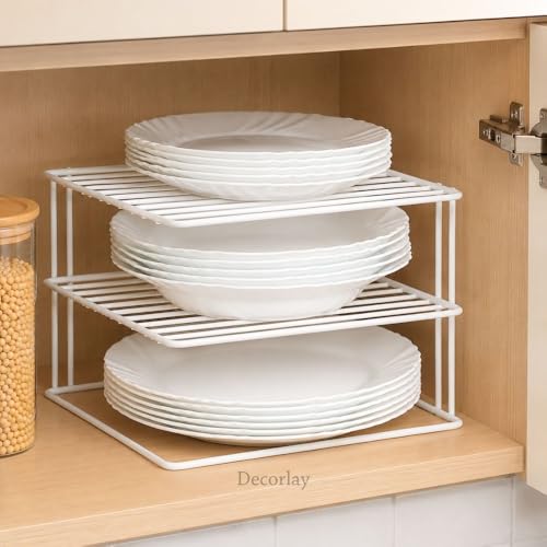 Image of Decorlay 3-Tier Kitchen Plate Rack Metal Dish Organizer | Space Saving Bartan Stand for Plates, Bowls, Cups & Utensils | Countertop Storage Rack | White