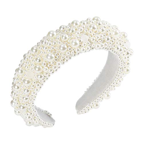 Velvet Padded Rhinestone Embellished Headband - Baroque Padded Crystal Hairband Race Goth Wedding Hair Hoop for Women Rhinestone Headbands (White Pearl)