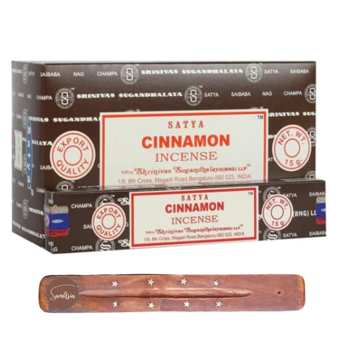 Satya Nag Champa Cinnaon - Varillas de incienso (12 unidades), con soporte para varillas de incienso SAMASIA, se utilizan para aromaterapia, yoga, meditación y relajación Cover