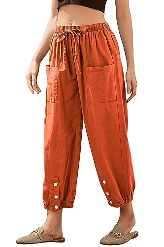 Casual Capri Pants for Women Linen Drawstring Elastic Capris Crop Relaxed Fit Cotton Wide Leg Capri Wide Leg Pants