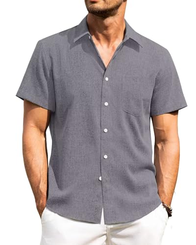 PrimeCrest Chemise Homme Manches Courtes Lin Été Léger Décontractée Boutonnée Respirante Régulière Unies Plage col Boutonné Classique avec Poche...