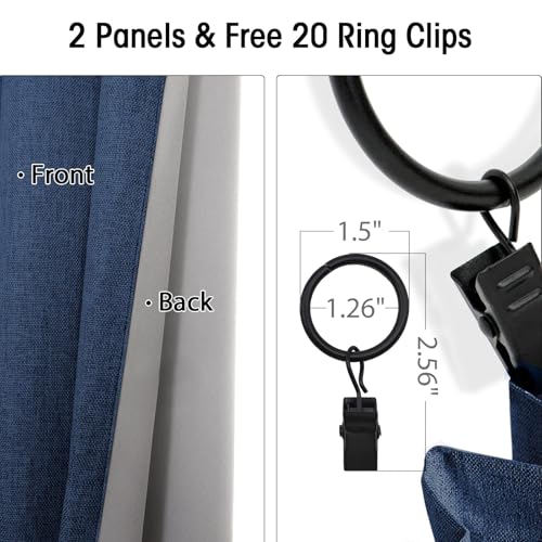 Image of INOVADAY 100% Blackout Curtains for Bedroom, Navy Blue Black Out Curtains 72 Inch Long, Clip Rings Linen Blackout Drapes, Thermal Insulated Room Darkening for Living Room, 2 Panels - W50xL72