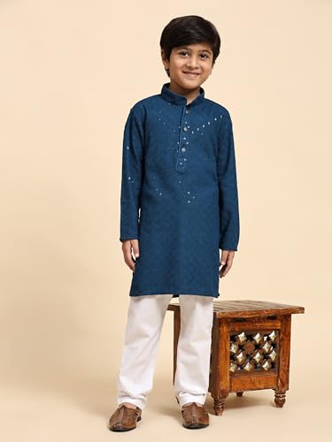 Image of Pro-Ethic Style Developer Men Silk Striped Father Son Matching Ethnic Wear Embroidery Mirror Work Kurta Pyjama Set |(Combo)B-117