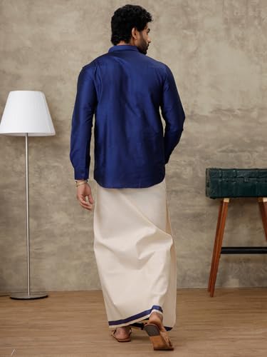 Image of RAMRAJ COTTON Men Parsley Silk Cotton Full Sleeves Shirt with Matching Border Tissue Dhoti Set