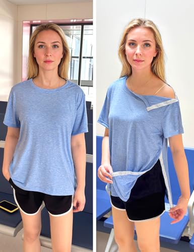 Post Shoulder Surgery Shirts for Women- Short Sleeve-Full Snap-Open Arm Shoulder Recovery Clothing Chemo Clothing3
