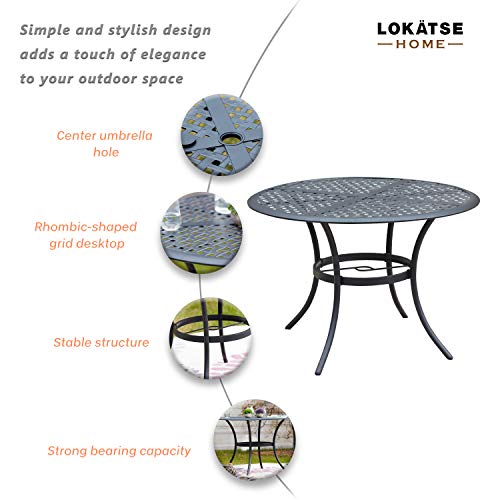 Image of LOKATSE HOME 5 Piece Outdoor Patio Metal Dining Set with 4 Outdoor Iron Arm Dining Chairs with Seat Cushions and 1 Outdoor Dining Table with Umbrella Hole-Blue