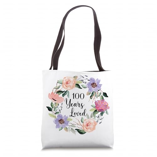 Bolso tote para mujer con diseño floral y texto '100 Years Loved' para cumpleaños número 100 miniatura 1