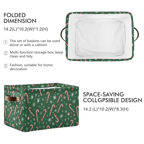 Image of Wamika Christmas Green Storage Basket with Waterproof Liner and PU Handles Winter Candy Cane Snowflake Storage Boxes 14.2 inch Collapsible Decorative Organizer Baskets for Bedroom Closet Office 1 Pack
