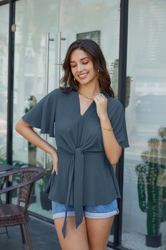 Image of GRACE KARIN Women's Elegant V-Neck Tie Waist Flowy Peplum Shirt Tops