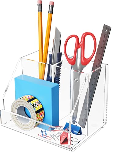 Lumanman Pen Holder, Clear Pen And Pencil Holder for Desk, Acrylic Desk Organizer with 3 Compartments for Desk Accessories, Pencil Organizer for Home, Office and School, 5.1