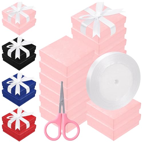 Keadic 17Pcs 3×3×1 inches Cardboard Jewelry Gift Boxes with Stain Ribbon and Scissor, Jewelry Organizer Cases with Lids and Cotton for Ring, Necklaces, Bracelets, Earrings (Pink)