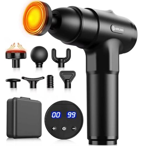 Image of AERLANG Massage Gun with Heat, Deep Tissue Percussion Massager Gun with 7 Massages Heads & 20 Speeds, Portable Electric Handheld Muscle Back Massager for Athletes & Silent