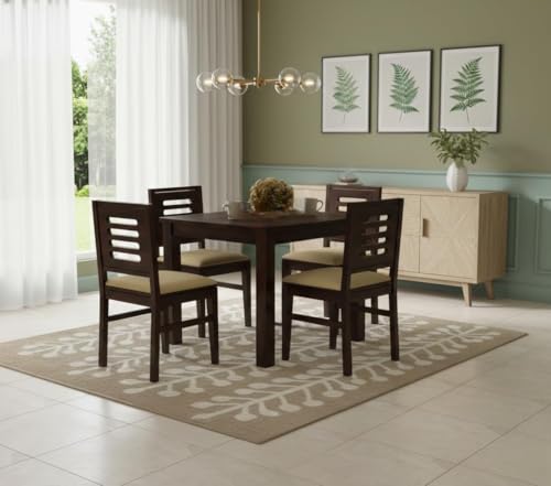 Image of Sheesham Wood Dining Table Set of 4 | Compact 4 Seater Wooden Dining Set for Home & Dining Room | Solid Wood Dining Table with Cushioned Chairs | Dark Walnut Finish