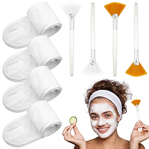 LAPOHI 4 Pack Adjustable Towel Headbands for Washing Face with 4 Pieces Fan Brushes, Facial Mask Brush and Spa Facial Headbands for Women and Grils Skincare Headband for Facial Esthetician Supplies