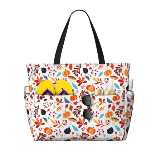 Autumn Pumpkins Fall Leaves Print Beach Pool Bags Tote For Women Ladies Large Gym Tote Carry On Bag For Weekender Travel Waterproof