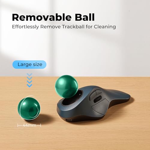 Image of Ergonomic Wireless Trackball Mouse for Wrist Comfort, Bluetooth & USB Receiver, Rechargeable Rollerball Mouse with 44mm Index Finger Trackball, 5 DPI Levels, Multi-Device for PC, Mac, Laptop