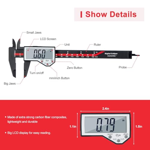 Image of Digital Caliper, 0-6 inch Electronic Caliper Auto - Off Feature with Large LCD Screen Vernier Caliper Conversion Measuring Tool for Length Depth Inner Outer Diameter Measuring