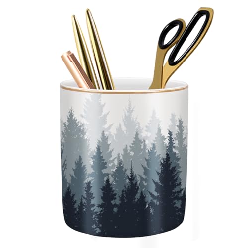 WAVEYU Large Capacity Pen Pencil Holder for Desk, Ceramic Pens Cup Cute Makeup Brushes Holder, Unique Desk Multifunctional Pen Organizer for Home, Office, and School, Forest Pattern