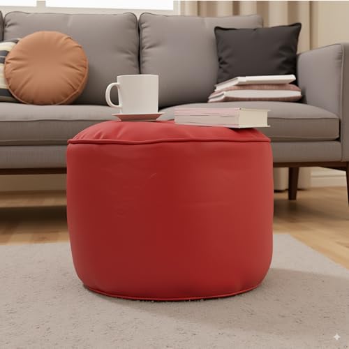 Image of Premium Faux Leather Footstool /Footrest /Pouffe | EPS Beans Filled | Ready to Use | Soft Cushioned Ottoman | Durable Leatherette Finish | Living Room, Bedroom & Office Color- (Red)