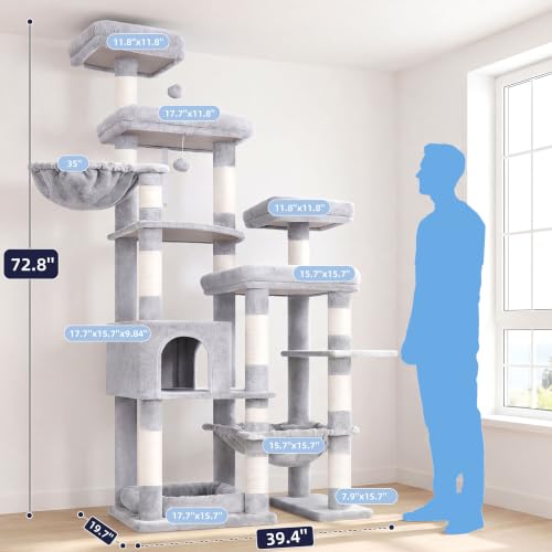 Image of Hey-brother Cat Tree Tower, Wide Base, 5 Platforms for Multi-Cats, MPJ074W | 72.8 Inches Tall Furniture, 5 Plush Beds, Large Condo, Big Hammocks, Sisal Scratching Posts, for Indoor Adult Cat, Light Gray
