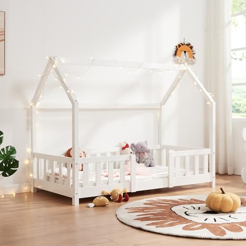 [en.casa] Kinderbett Sisimiut Hausbett Montessori 80 x 160 cm mit Rausfallschutz Holzbett für Kinder Bodenbett Lattenrost Kiefernholz Weiß matt