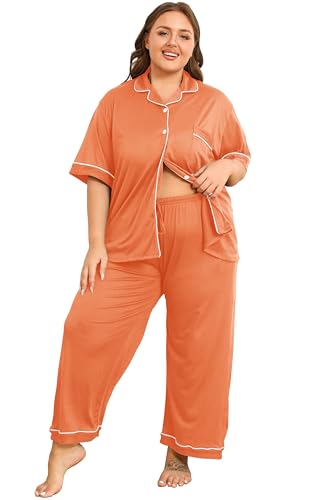 Image of Vozanet Women's Plus Size Pajamas Button Down Shirt and Pants Soft Lounge Sets Bride Nighty Bottom with Pockets 1x to 5x