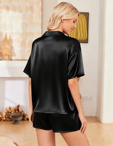 Image of Ekouaer Womens Satin Pajama Set Short Sleeve Button Down Sleepwear 2 Piece Silky Pj Set Soft Loungewear for Ladies