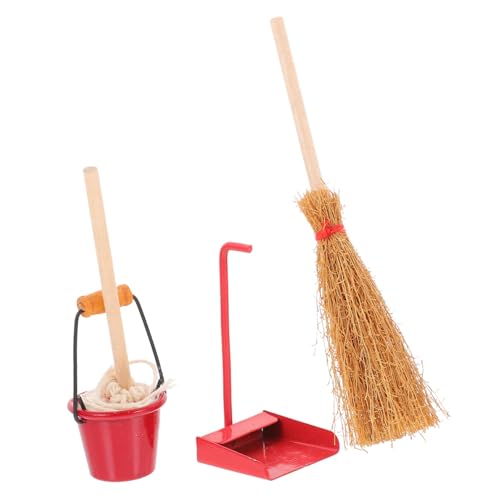 WHAMVOX Miniature Cleaning Tools Set Mini Mop Dustpan and Bucket for Dollhouse Miniatures Toy House Accessories