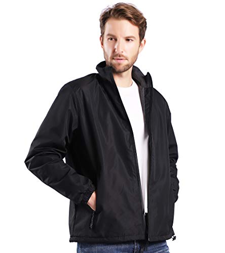 Men's Lightweight Fleece Lined Jackets Zipper Front and Pockets Work Team Casual Waterproof Windbreaker Coat Black XL