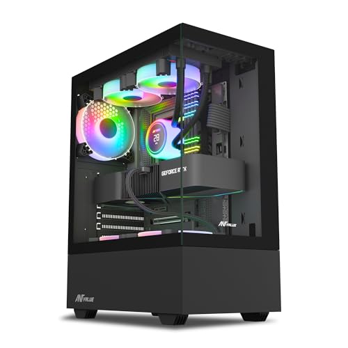 Image of Ant Value Tempered Glass CV100 Mid-Tower Computer Case /Gaming Cabinet A- Black | Support ATX, M-ATX, ITX | Pre-Installed 2 Top & 1 Rear Rainbow Fans, 2 USB Ports