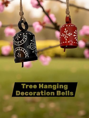 Image of 2 PC Bell Wall Hanging Decor | Garden Tree Hanging Bells Decoration | Handpainted Hanging Ornaments for Home Living Room Wind Chime (Black & RED)