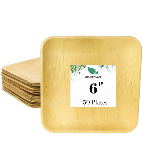 Charity Leaf Disposable Palm Leaf Plates like Bamboo Plates Square Set |All Natural and Biodegradable| Weddings, Charcuterie Boards, BBQs, and Parties | Square Plates (50, 6" Square)