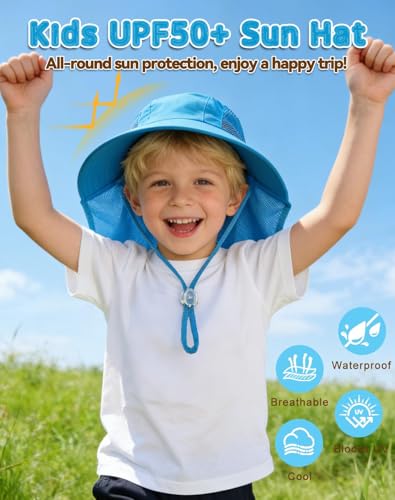 Image of Rosoz Kids Sun Hat with Neck Flap UV Protection Summer Toddler Beach Hat Unisex Ponytail Hat Wide Brim Fishing Hat