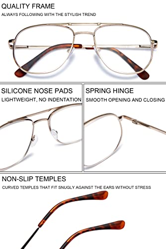 VEVESMUNDO Blue Light Blocking Reading Glasses Pilot Style Metal Frame Large Rectangle Fashion Readers Glasses for Men Women (Gold - Image 4