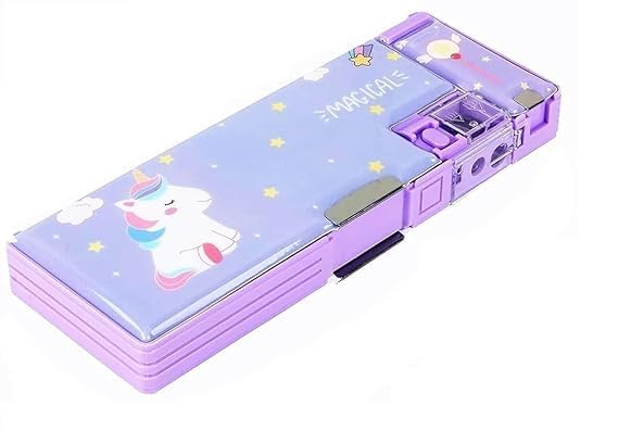 Image of Magical Multifunctional Cute School Pencil Box for Girls, Unicorn Compass Box for Boys, Magnetic Pencil Box, Aesthetic Stationary Items for Kids (Magical Purple Compass)