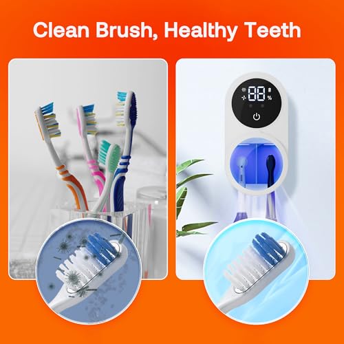 Bitvae Toothbrush Cleaner, UV-C Cleaning and Air Drying, LED Smart Screen, Rechargeable Wall Mount Toothbrush Holder, White