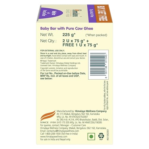 Image of Himalaya Baby Bar with Pure Cow Ghee 75g|Buy 2 Get 1 Free|Ph5.5|Aloe Vera|Soap Free |Safe For Newborn|For Baby's Sensitive Skin From Day 1|No dryness|No Parabens|No Synthetic color|Dermatologically Tested|Pediatrician Evaluated