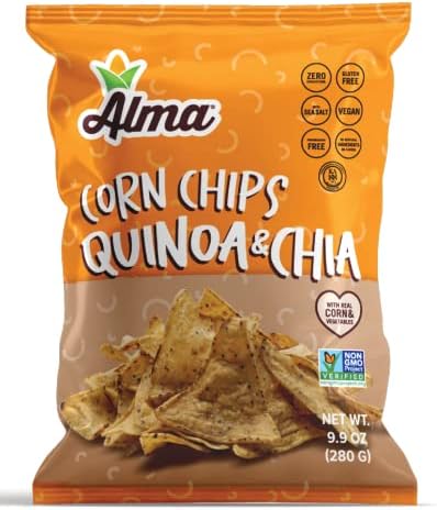 Alma Corn Chips with Quinoa & Chia - Never Crushed Gluten Free & Low Calorie Healthy Snacks made with Real Vegetables & Sea Salt - Low Carb - Low Sodium - Cholesterol Free - Non GMO - 9.9 oz Bags - 2 Pack