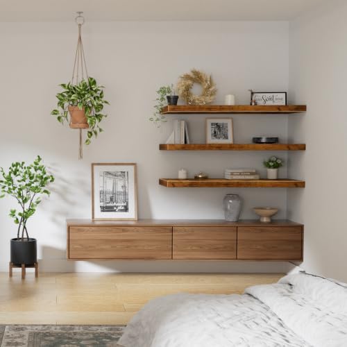 Image of QEEIG 12 inch Deep Floating Shelves for Wall - 12 x 36 inch Book Shelf Bathroom Bedroom Kitchen Living Room Hanging Bookshelf Farmhouse Set of 3, Brown (026-90BN3)