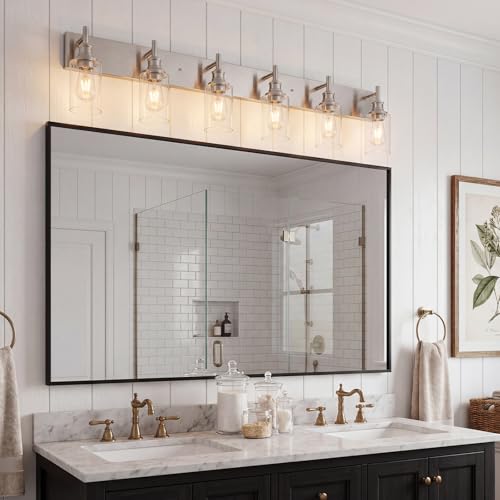 Image of Brushed Nickel 6 Light Bathroom Vanity Lights with Clear Glass Shade, Modern Industrial Bathroom Lighting Fixtures Over Mirror, E26 Vanity Wall Sconces for Bedrom Podwer Room Hallway
