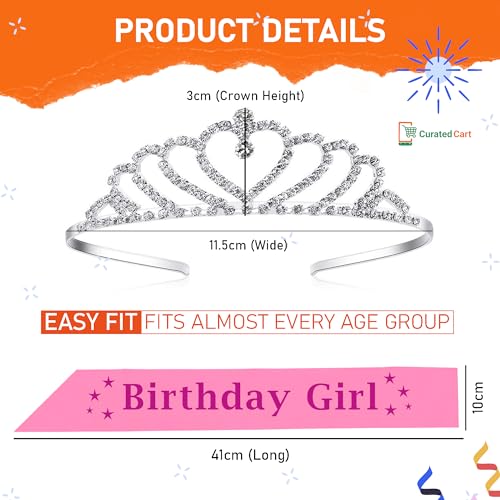 Image of CURATED CART Birthday Tiara Crown with Sash for Women, Party Headband Hair Accessory